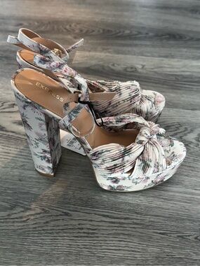 Express Floral Platform Block Heels - White with Pink & Green Print